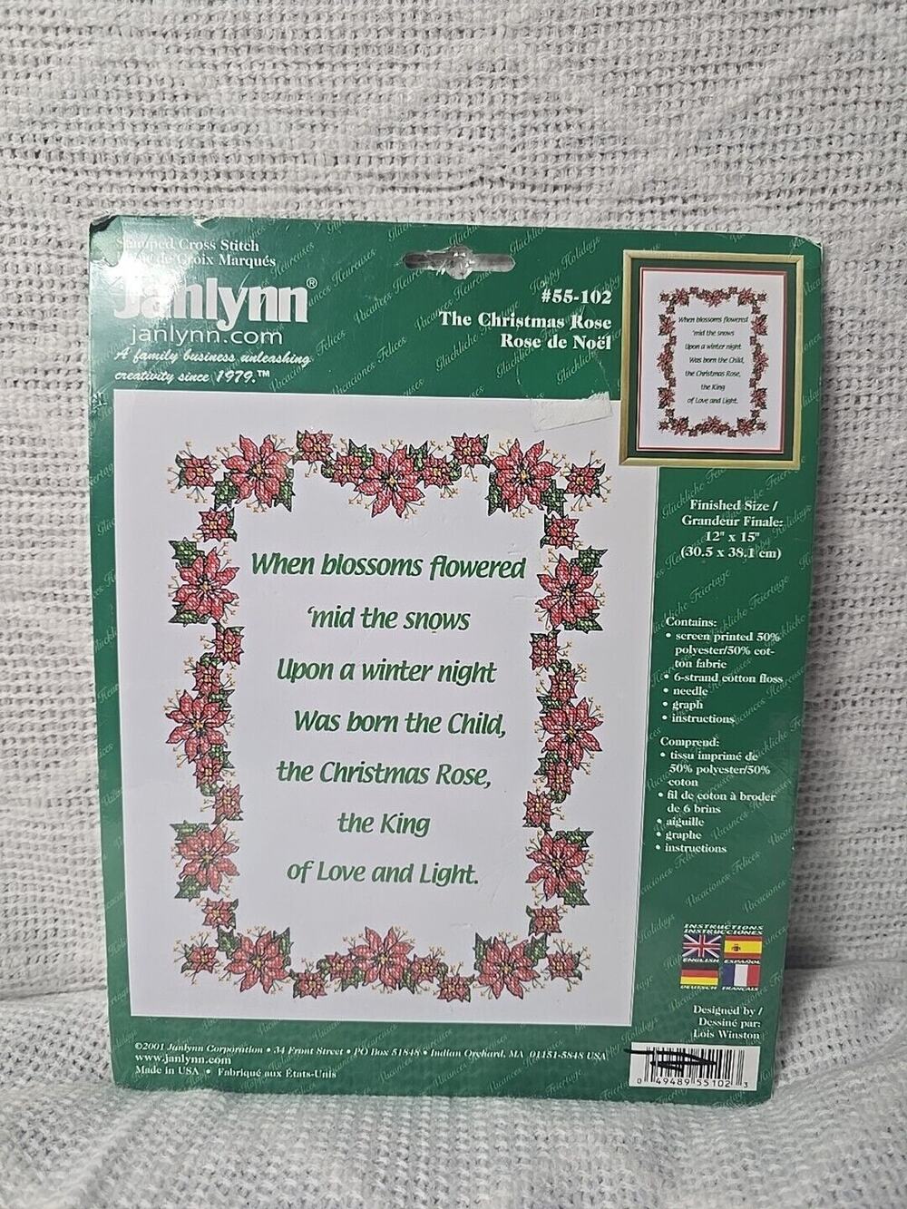 2001 Janlynn Stamped Cross Stitch Kit The Christmas Rose 12x15